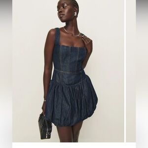 NWT Reformation Liffey 
Delia Denim Mini  revolve bubble DRESS $220 casual